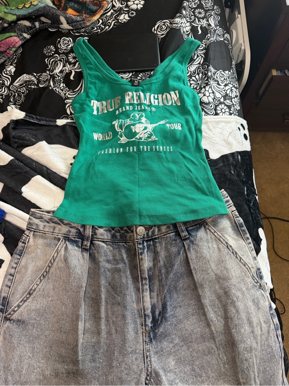 True Religion Green Ribbed Logo Tank